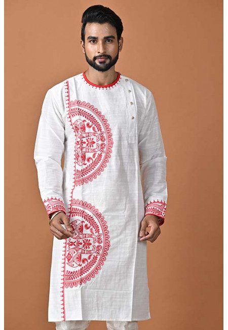 White Color Embroidery Raw Silk Punjabi (She Punjabi 641)