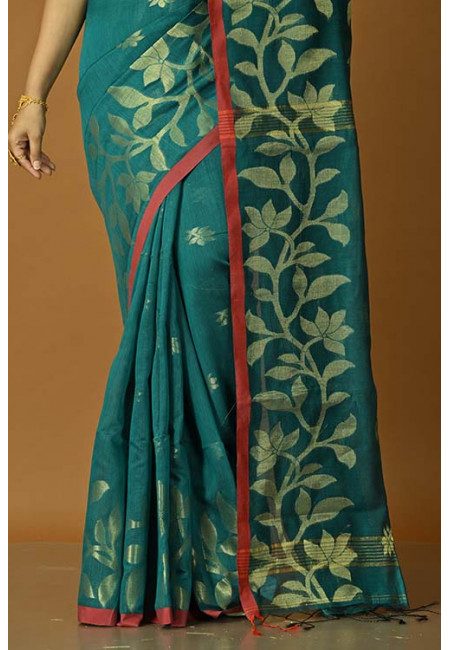Emerald Green Color Madhabilata Handloom Cotton Saree (She Saree 1532)