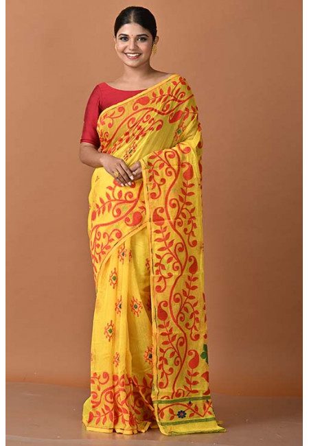 Yellow Color Contrast Soft Dhakai Jamdani Saree (She Saree 1540)