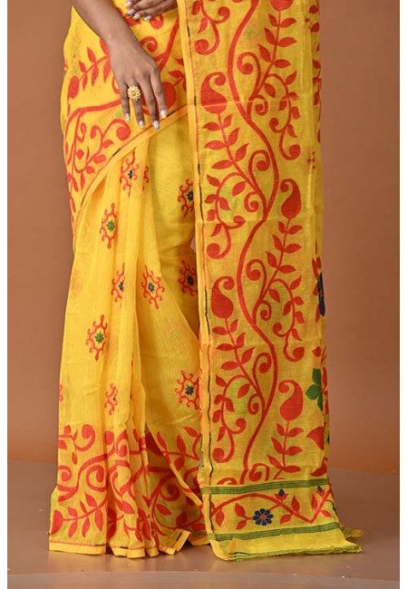 Yellow Color Contrast Soft Dhakai Jamdani Saree (She Saree 1540)