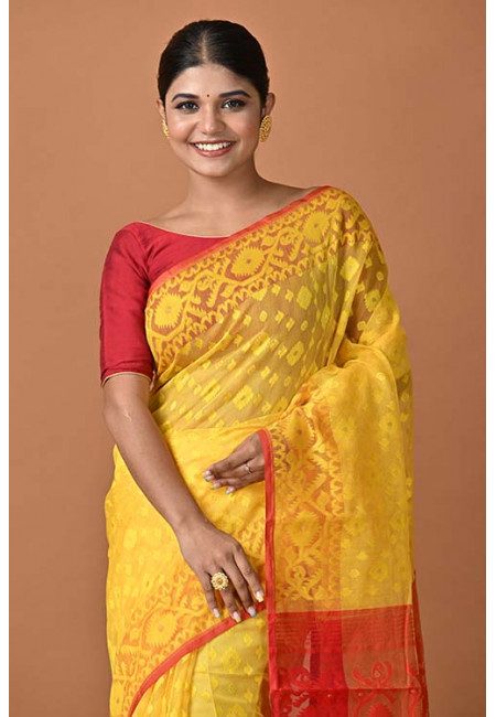 Yellow Color Contrast Soft Dhakai Jamdani Saree (She Saree 1546)