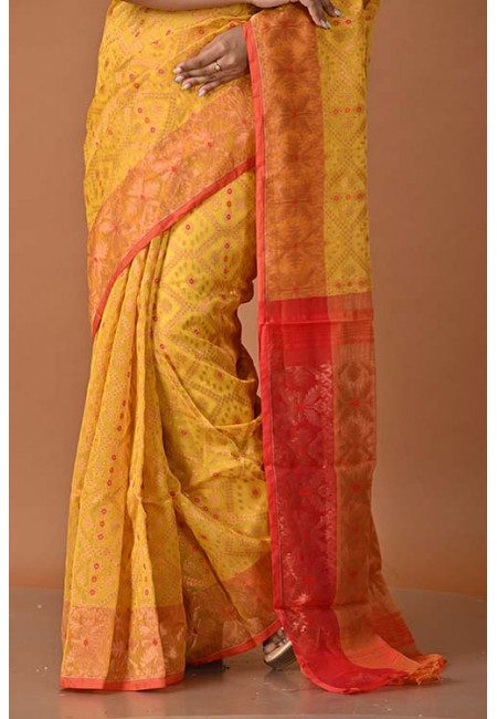 Mustard Yellow Color Contrast Soft Dhakai Jamdani Saree (She Saree 1548)