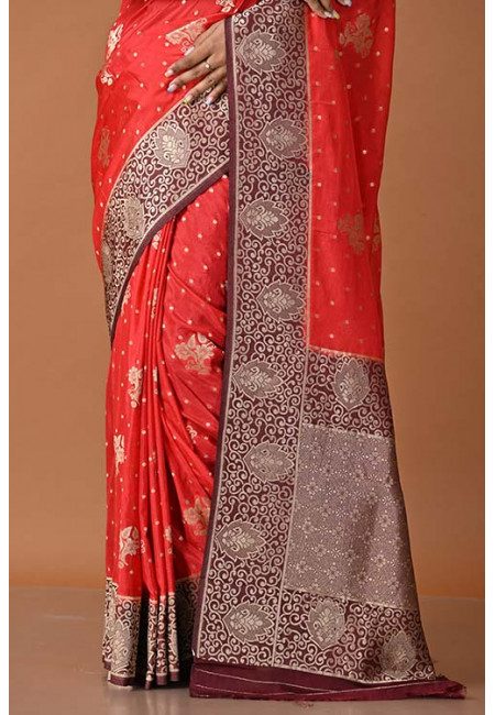 Red Color Contrast Khaddi Silk Saree (She Saree 1553)