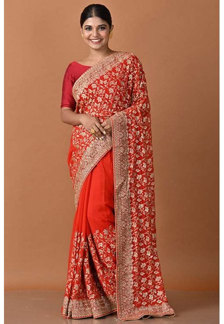 Red Color Designer Embroidery Chiffon Saree (She Saree 1554)