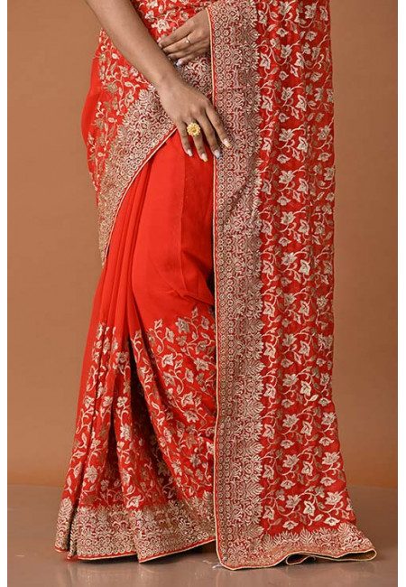 Red Color Designer Embroidery Chiffon Saree (She Saree 1554)