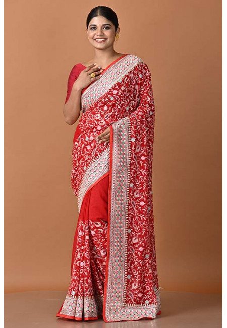 Red Color Designer Embroidery Chiffon Saree (She Saree 1555)