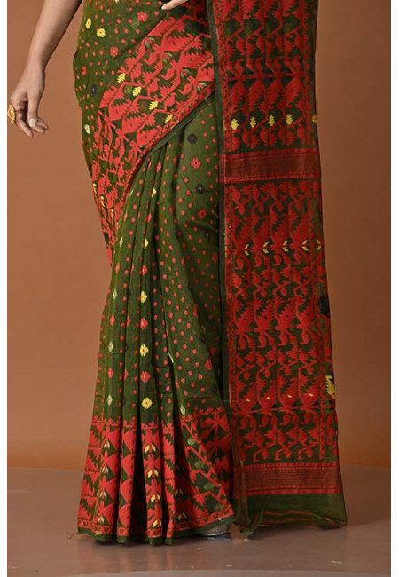 Mehendi Green Color Contrast Soft Dhakai Jamdani Saree (She Saree 1562)