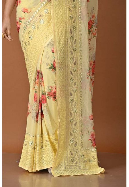 Light Yellow Color Digital Printed Embroidery Chiffon Saree (She Saree 1566)