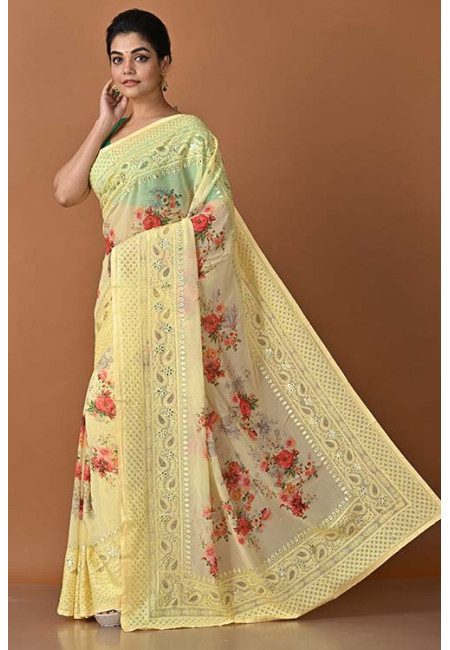 Light Yellow Color Digital Printed Embroidery Chiffon Saree (She Saree 1566)