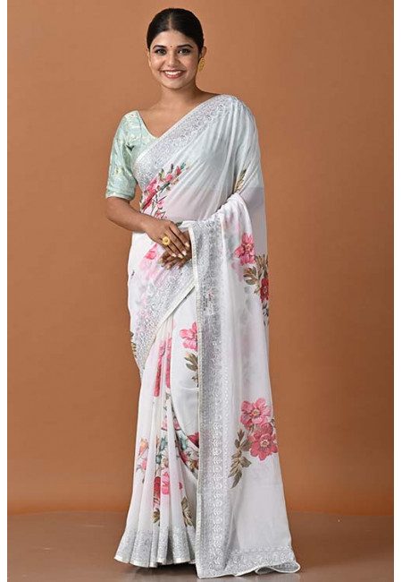 White Color Digital Printed Embroidery Chiffon Saree (She Saree 1578)