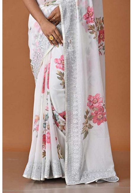 White Color Digital Printed Embroidery Chiffon Saree (She Saree 1578)
