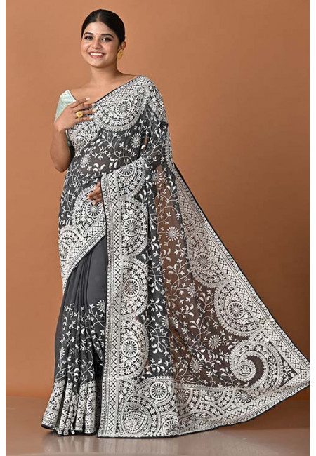Charcoal Grey Color Designer Embroidery Chiffon Saree (She Saree 1584)