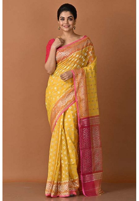 Yellow Color Contrast Soft Dhakai Jamdani Saree (She Saree 1596)