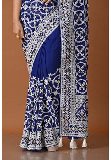 Royal Blue Color Designer Embroidery Chiffon Saree (She Saree 1599)