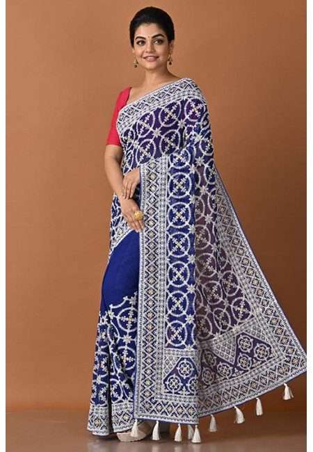 Royal Blue Color Designer Embroidery Chiffon Saree (She Saree 1599)