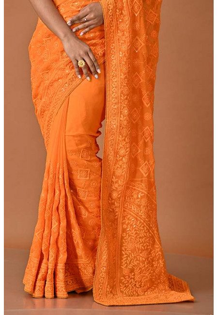 Orange Color Designer Embroidery Chiffon Saree (She Saree 1603)