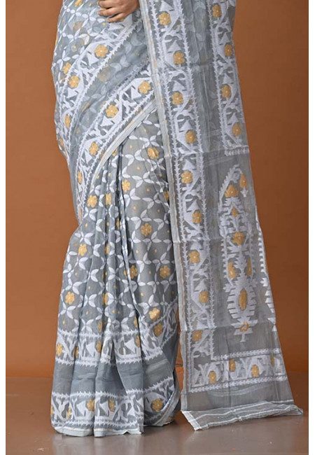 Light Grey Color Contrast Soft Dhakai Jamdani Saree (She Saree 1608)