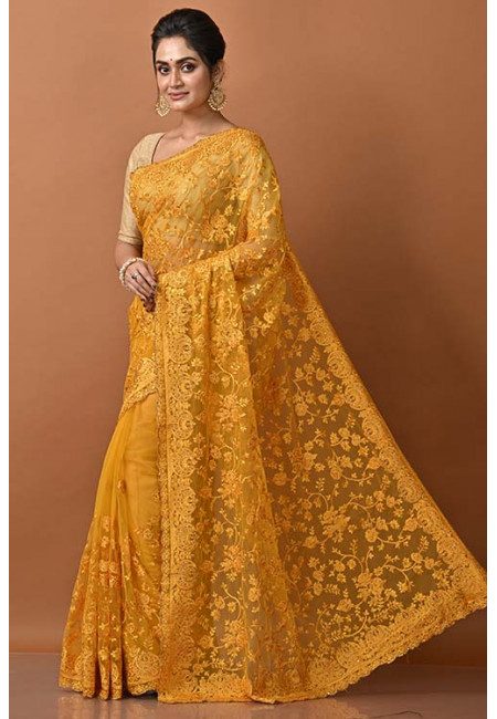 Mustard Color Designer Embroidery Net Saree (She Saree 1295)