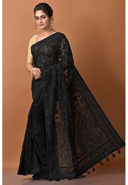 Black Color Designer Embroidery Chiffon Saree (She Saree 1296)
