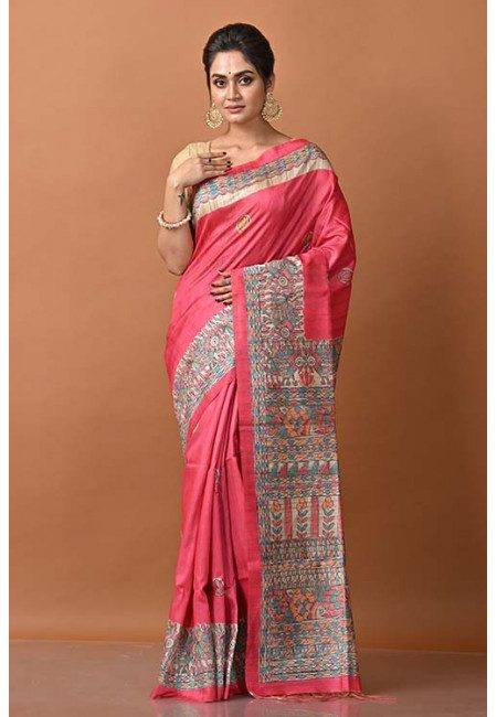 Fiery Rose Pink Color Madhubani Printed Tussar Silk Saree (She Saree 1306)