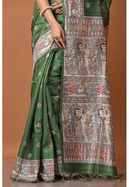 Mehendi Green Color Madhubani Printed Tussar Silk Saree (She Saree 1307)