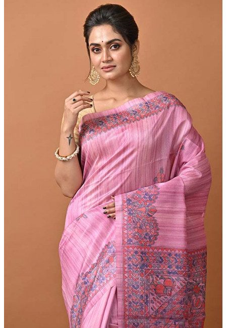 Pink Color Madhubani Printed Tussar Silk Saree (She Saree 1308)