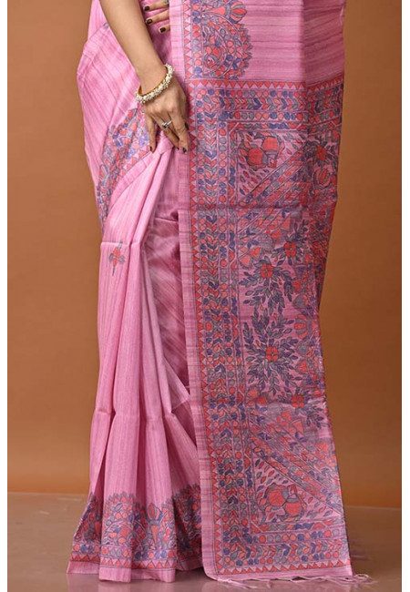 Pink Color Madhubani Printed Tussar Silk Saree (She Saree 1308)