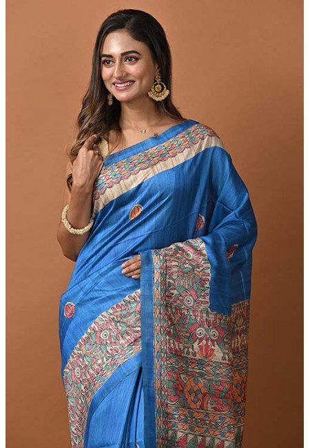 Peacock Blue Color Madhubani Printed Tussar Silk Saree (She Saree 1324)