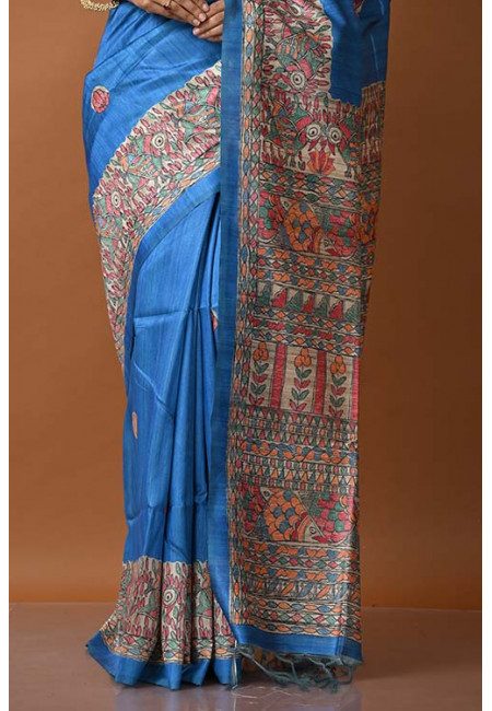 Peacock Blue Color Madhubani Printed Tussar Silk Saree (She Saree 1324)