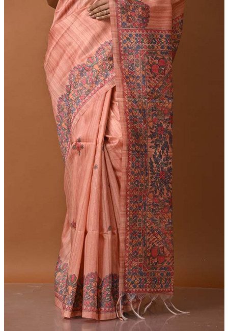 Peach Color Madhubani Printed Tussar Silk Saree (She Saree 1325)