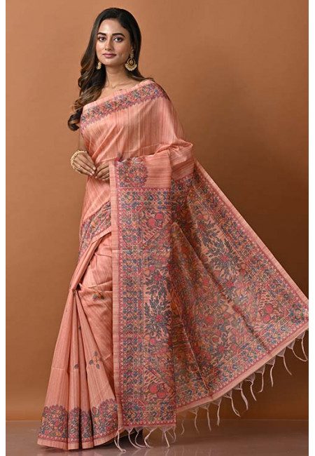 Peach Color Madhubani Printed Tussar Silk Saree (She Saree 1325)
