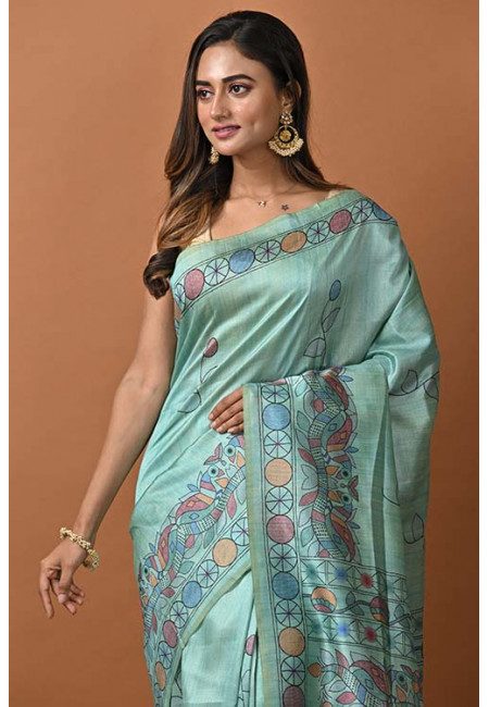 Sea Green Color Printed Tussar Silk Saree (She Saree 1326)