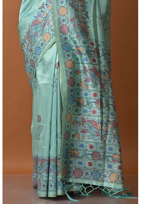 Sea Green Color Printed Tussar Silk Saree (She Saree 1326)