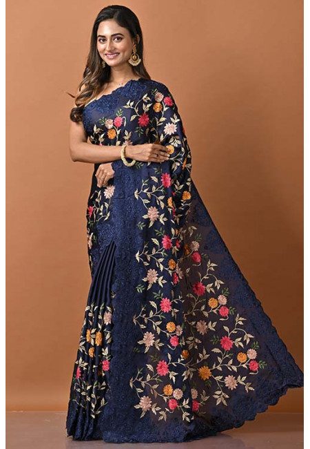 Deep Navy Blue Color Embroidery Satin Silk Saree (She Saree 1334)