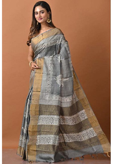 Light Grey Color Pure Zari Tussar Silk Saree (She Saree 1343)