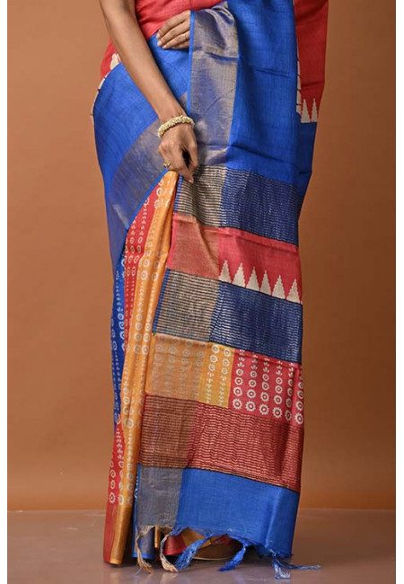 Strawberry Red And Yellow And Blue Color Pure Zari Tussar Silk Saree (She Saree 1344)