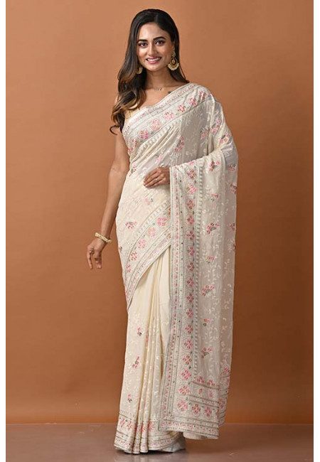 Off White Color Designer Embroidery Chiffon Saree (She Saree 1351)