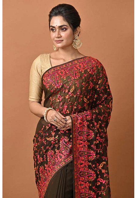Cola Brown Color Designer Embroidery Chiffon Saree (She Saree 1352)