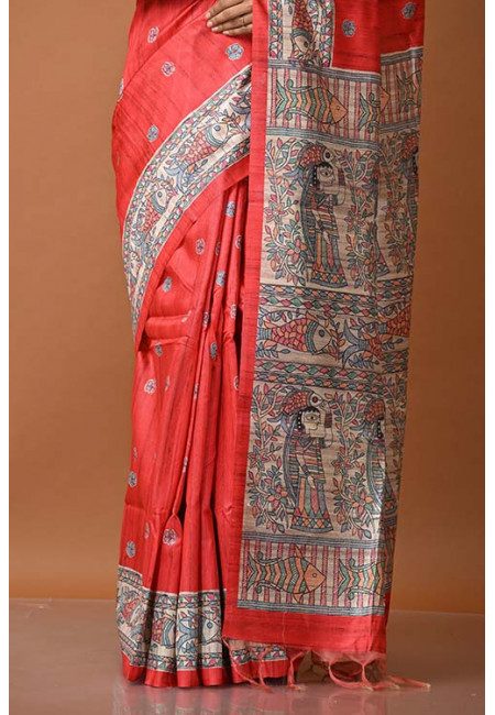 Strawberry Red Color Madhubani Printed Tussar Silk Saree (She Saree 1355)