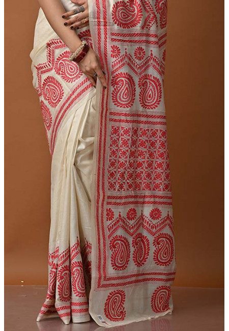 Off White Color Designer Kantha Stitch Saree (She Saree 1382)