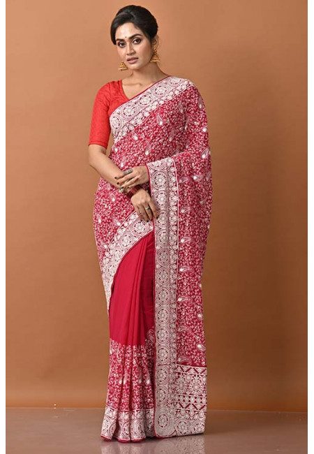 Deep Fuchsia Pink Color Designer Embroidery Chiffon Saree (She Saree 1383)