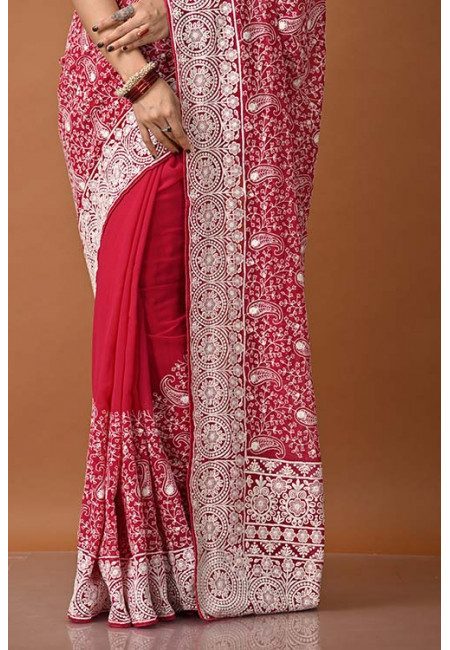 Deep Fuchsia Pink Color Designer Embroidery Chiffon Saree (She Saree 1383)