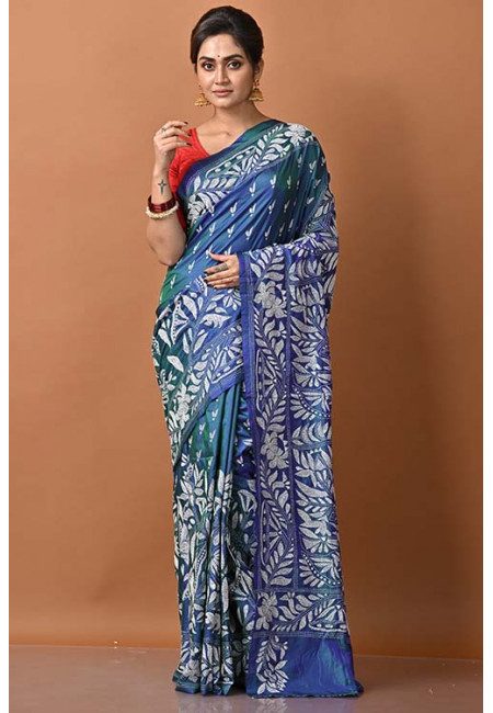 Turquoise Blue Color Designer Kantha Stitch Saree (She Saree 1384)