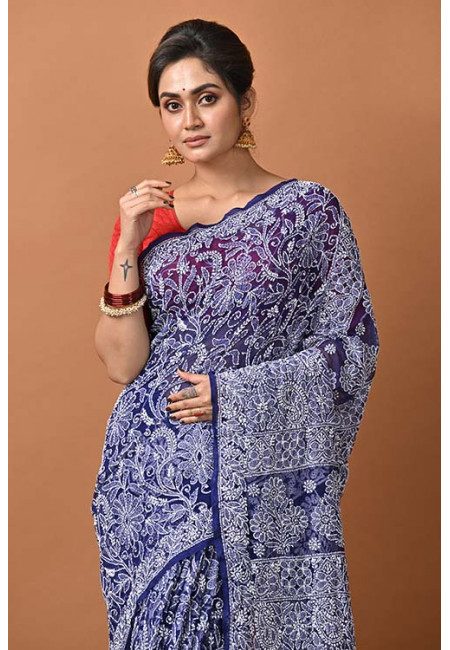 Royal Blue Color Designer Pure Lucknow Chikankari Chiffon Saree (She Saree 1385)