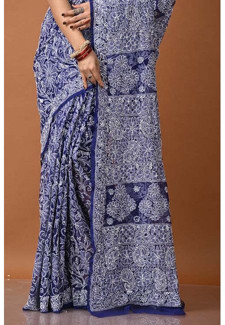 Royal Blue Color Designer Pure Lucknow Chikankari Chiffon Saree (She Saree 1385)