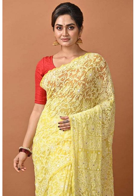 Yellow Color Designer Lucknow Chikankari Chiffon Saree (She Saree 1387)