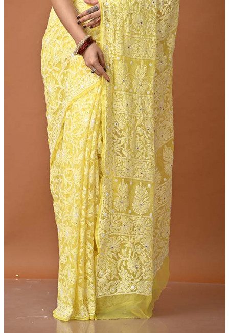 Yellow Color Designer Lucknow Chikankari Chiffon Saree (She Saree 1387)