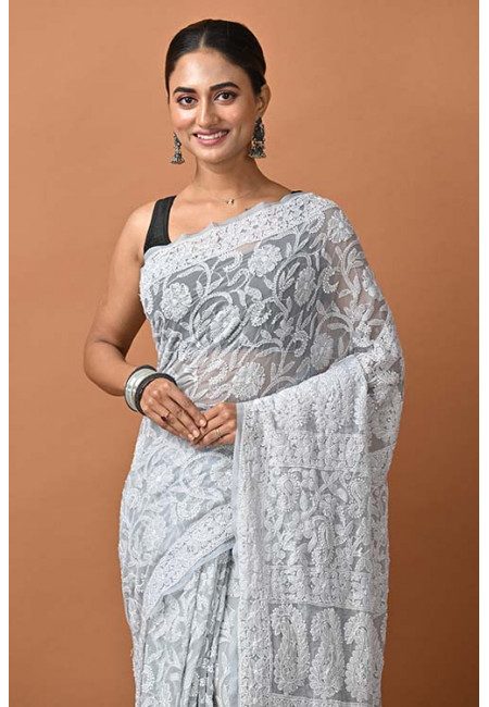 Light Grey Color Designer Lucknow Chikankari Chiffon Saree (She Saree 1389)