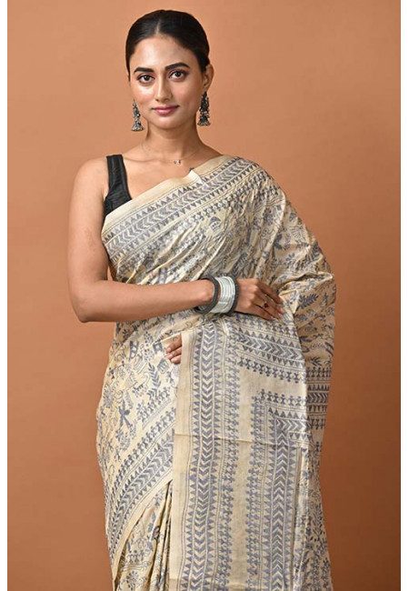 Beige Color Designer Tussar Madhubani Kantha Stitch Saree (She Saree 1390)