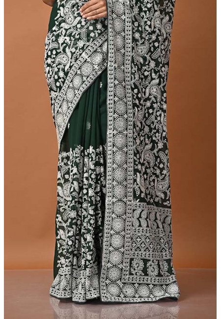 Bottle Green Color Designer Embroidery Chiffon Saree (She Saree 1396)